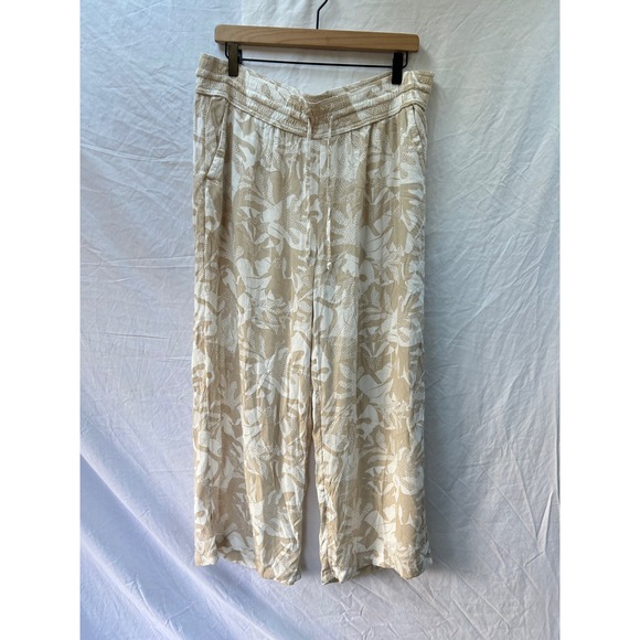 Prana Pants - prAna Wide Leg Crop Pants Beige White Floral Print Elastic Waist Drawstring XL